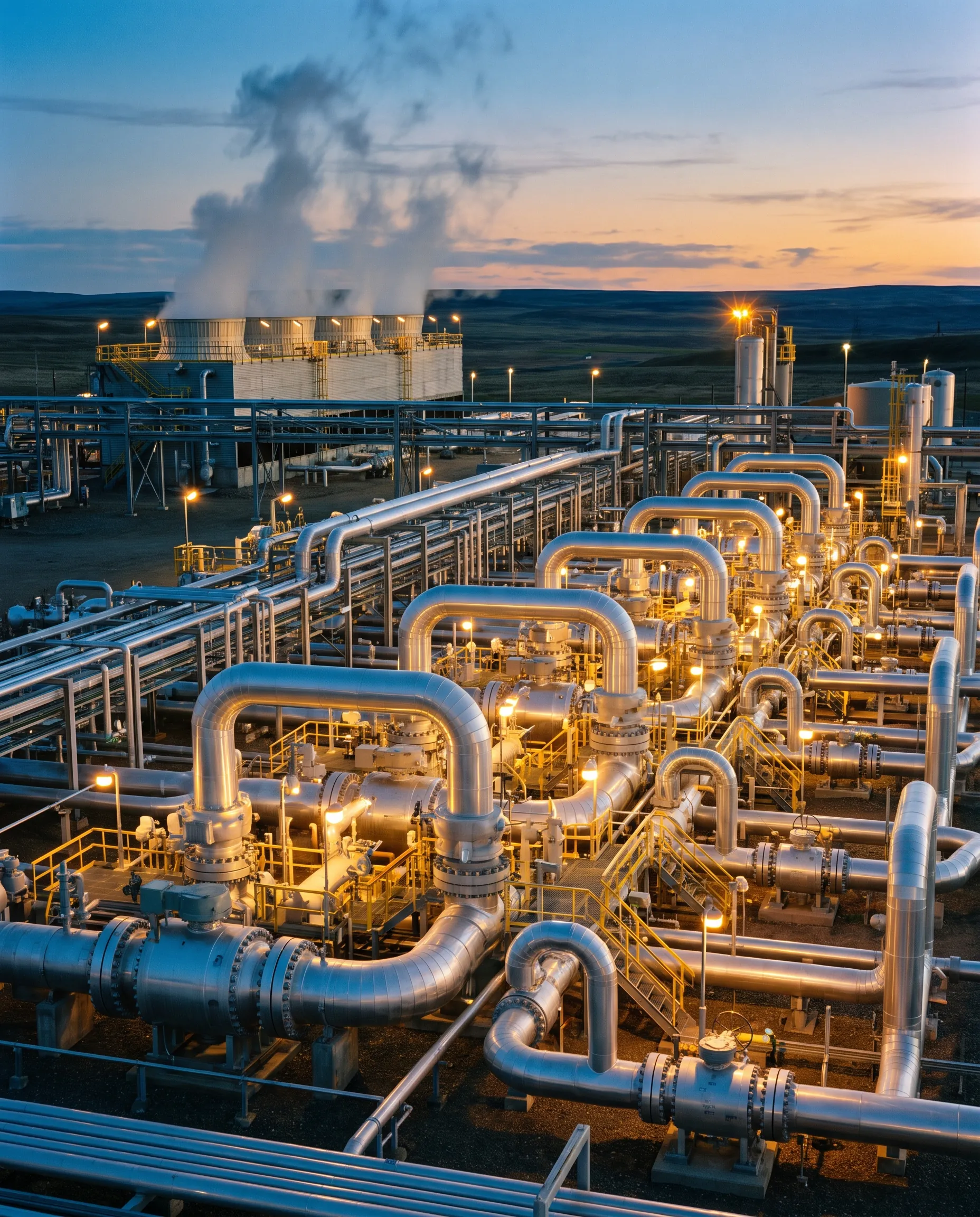 A pipeline compressor station at blue hour