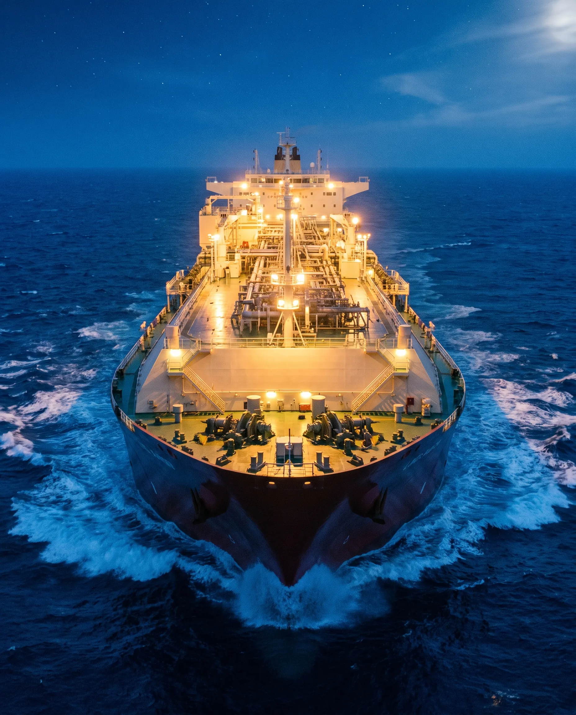The bow of an LNG carrier at night